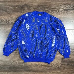 Ameri Principe Men’s Vintage 80’s Blue Wool Knitted Crewneck Abstract Sweater